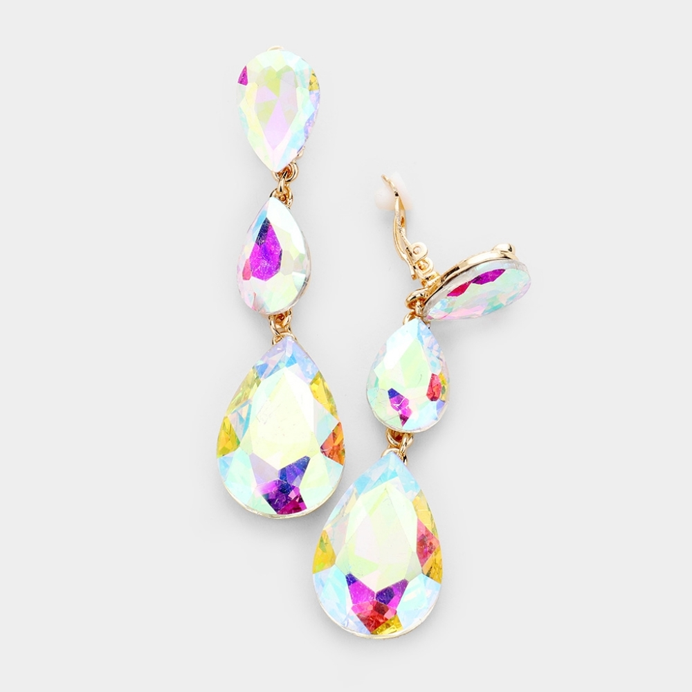Abalone Dangle Crystal Clip On Earrings 3 Inch Triple Tear Drop ClipOns Jewelry